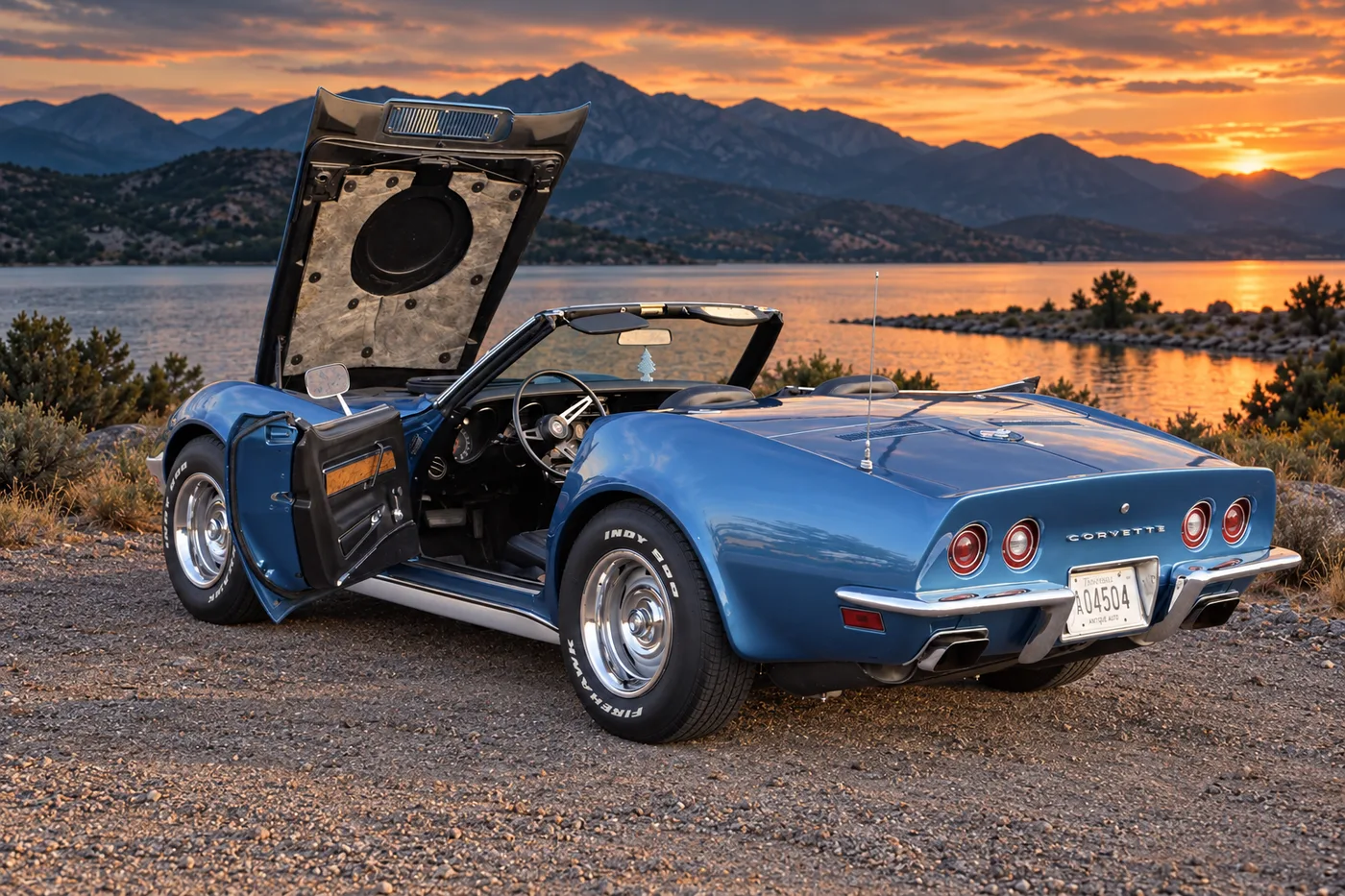 Illustrative composite of the Stingray with hood and doors open near a mountain lake